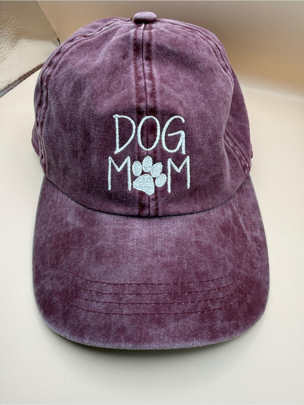 Dog Mom Baseball Cap Washed Burgundy‎ Cotton Embroidered Paw Print Hat